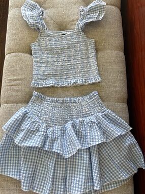 Katie J NYC Light Blue Gingham Smocked Skirt Set